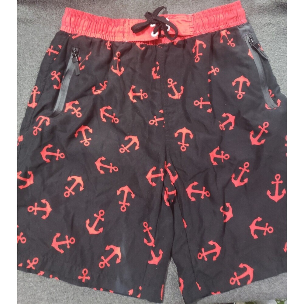 ZENCO Red Anchors Print On Black Men's Swim Board Shorts Trunks Medium